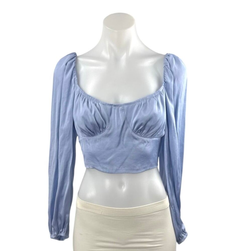 Isalis Women's Blue Long Sleeve Bustier Corset Tie Back Crop Blouse Top Size S